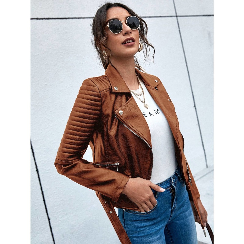 Lapel Collar Belted Zip Up vegan leather Moto Jacket white - Picture 4 of 11